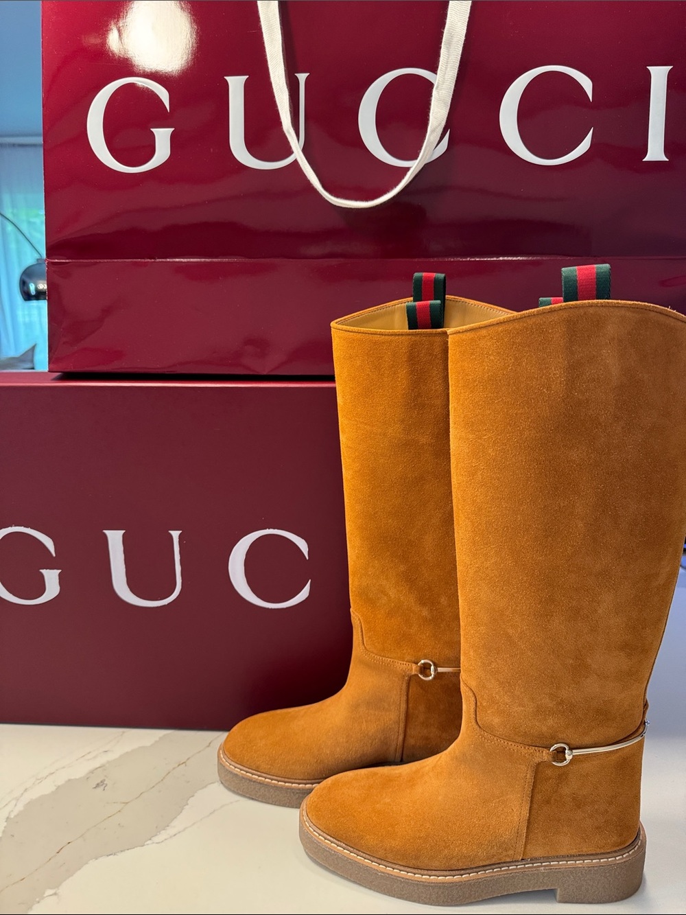 Gucci Tan Suede Mid-Calf pull on Boots with Green-Red Web Tabs EUR 37 US 7